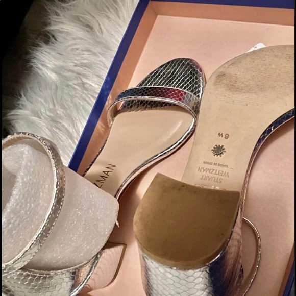 Like New, Stuart Weitzman Simple Snakeskin-Embossed Metallic Leather Sandals - Picture 5 of 5